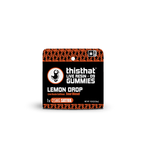 Lemon Drop Live Resin Gummies by thisthat CBD, Sour Diesel cultivar, 25mg Sativa, single gummy pack, net weight 9.3g.