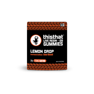 Lemon Drop Live Resin Gummies by thisthat CBD, Sour Diesel cultivar, 25mg Sativa, 30-pack, net weight 279g