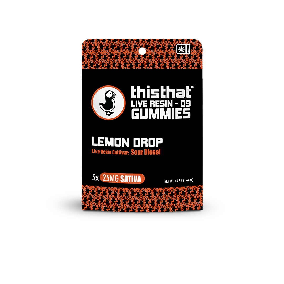 Lemon Drop Live Resin Gummies by thisthat CBD, Sour Diesel cultivar, 25mg Sativa, 5-pack, net weight 46.5g.