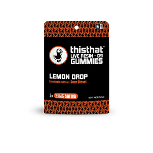 Lemon Drop Live Resin Gummies by thisthat CBD, Sour Diesel cultivar, 25mg Sativa, 5-pack, net weight 46.5g.