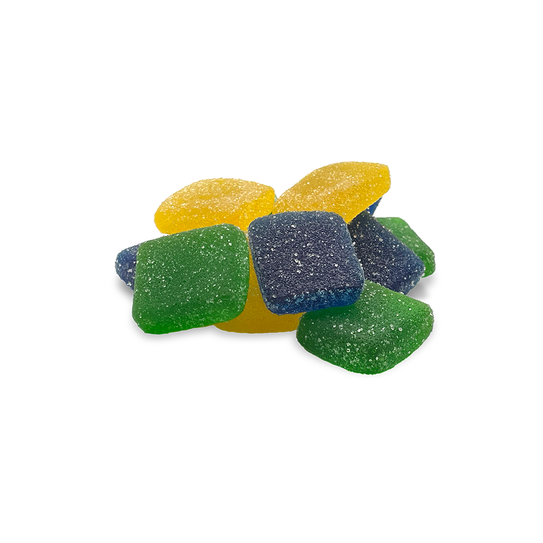 Colorful 25mg Live Resin D9 Gummies in blue, green, and yellow with a sugar-coated finish.