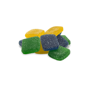 Colorful 25mg Live Resin D9 Gummies in blue, green, and yellow with a sugar-coated finish.