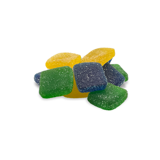 Colorful 25mg Live Resin D9 Gummies in blue, green, and yellow with a sugar-coated finish.